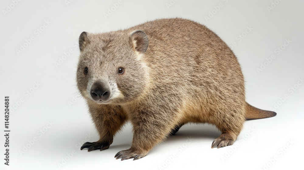 Naklejka premium Close-up of a Wombat Standing on a Neutral Background, Showcasing Its Unique Features and Soft Fur Texture With a Focus on Its Curious Expression and Sturdy Build