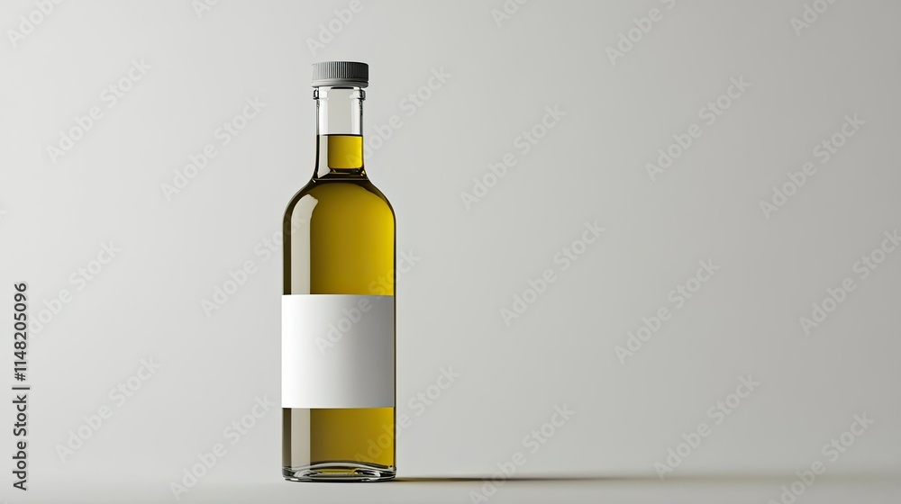 Transparent bottle of olive oil with a blank label on a neutral background, showcasing the golden hue of the oil, perfect for product promotion or culinary use Transparent bottle of olive oil with a blank label on a neutral background, showcasing the golden hue of the oil, perfect for product promotion or culinary use