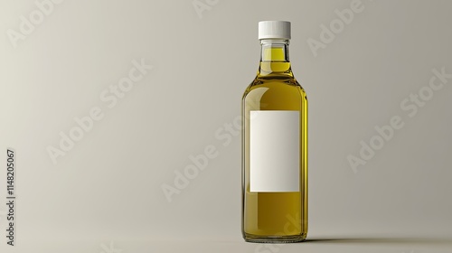 Glass bottle filled with golden oil standing against a neutral background, showcasing simple yet elegant design ideal for culinary or health-related concepts.