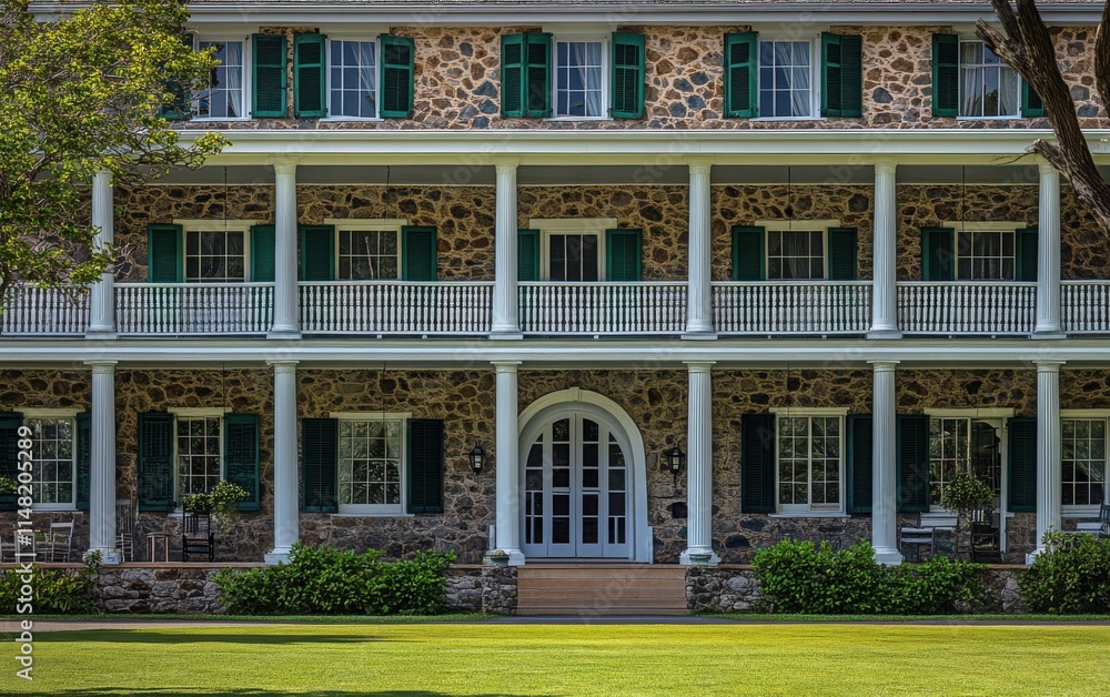 A beautiful photo of the Ocean House in Harrisonia, showcasing American country style with a stone facade, green shutters, and large balcony windows on each floor A beautiful photo of the Ocean House in Harrisonia, showcasing American country style with a stone facade, green shutters, and large balcony windows on each floor