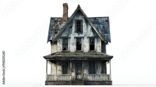 Abandoned Vintage House with Weathered Exterior, Broken Windows, and Peeling Paint, Capturing the Essence of Old Architecture and Historical Decay photo