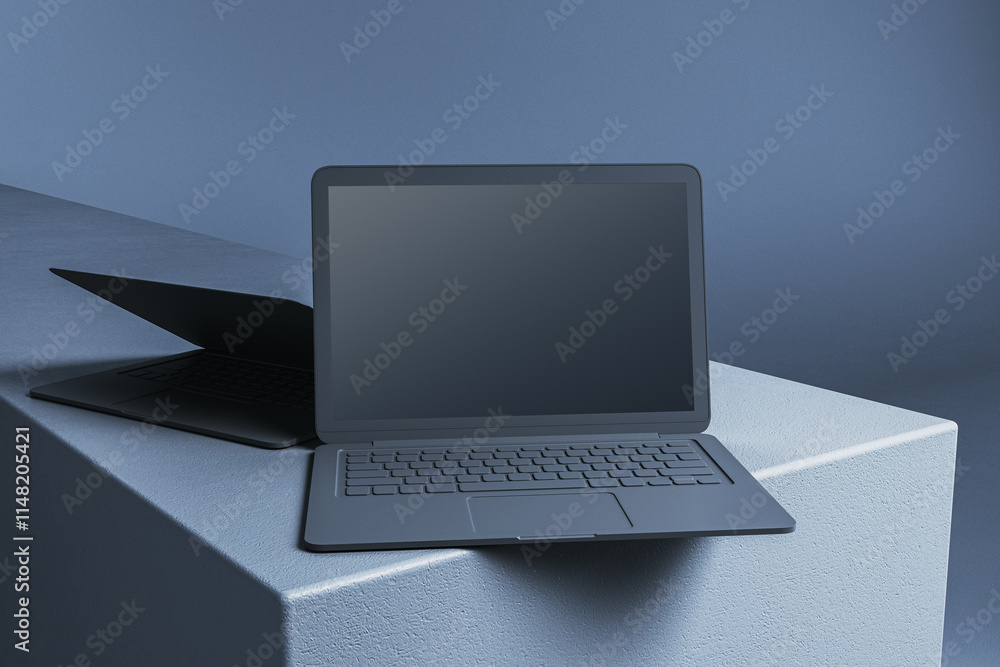Modern laptops with open screens displayed on a textured surface in a minimalistic composition. 3D Rendering Modern laptops with open screens displayed on a textured surface in a minimalistic composition. 3D Rendering