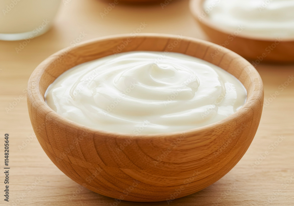 Wooden Bowl of Fresh Sour Cream or Yogurt Wooden Bowl of Fresh Sour Cream or Yogurt