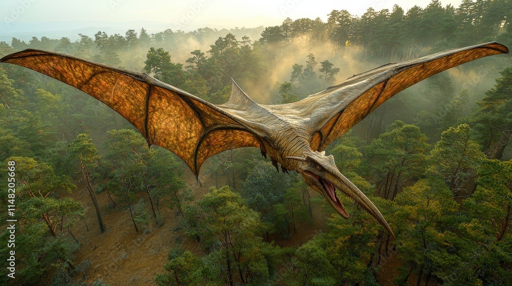 Fototapeta premium Majestic pterosaur soaring over a misty forest at dawn, showcasing its immense wingspan and ancient beauty.