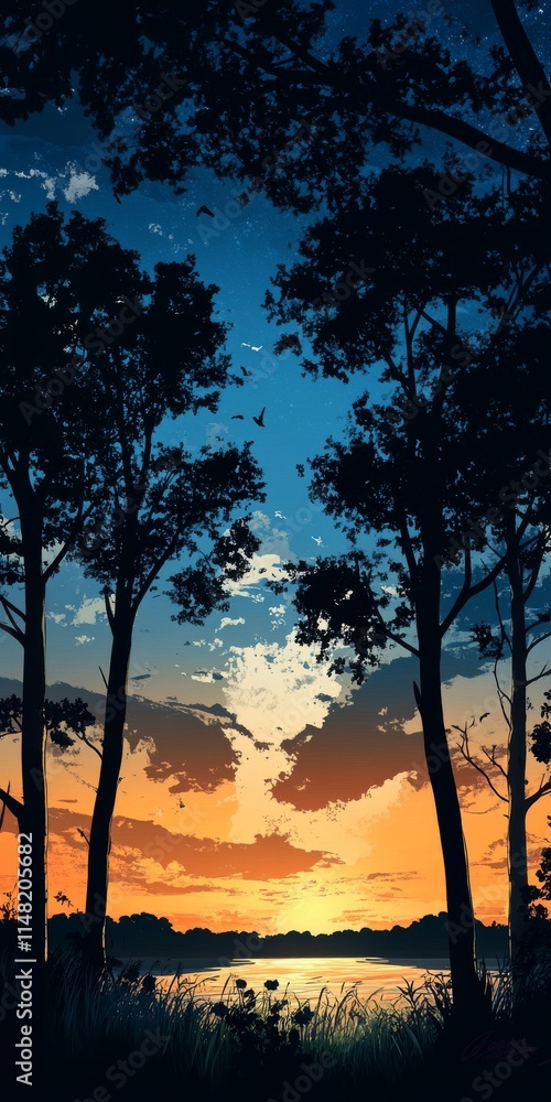 A beautiful sunset over a lake with trees in the background A beautiful sunset over a lake with trees in the background