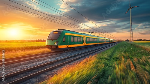 High Speed Train at Sunset  Green Energy  Renewable Power