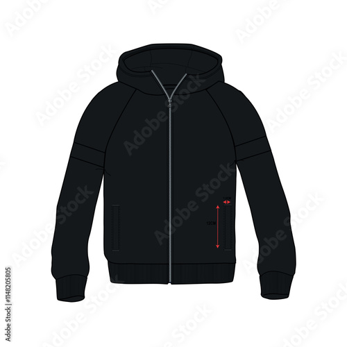 Long sleeve black color hoodie jacket  vector illustration template front views isolate on white.