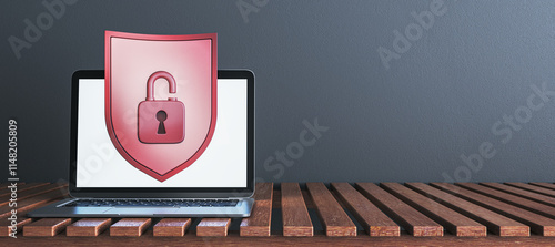 Laptop with red shield featuring an open padlock displayed on screen, on wooden surface, against gray background, symbolizing cybersecurity. 3D Rendering photo