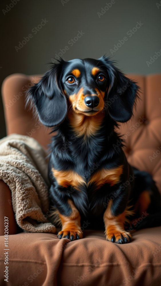 Long-haired dachshund sitting on a couch with a blanket and pillow. Long-haired dachshund sitting on a couch with a blanket and pillow.