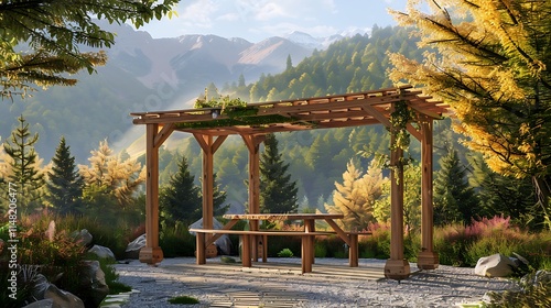 Wooden arbors on the terrace of the tea plantation photo