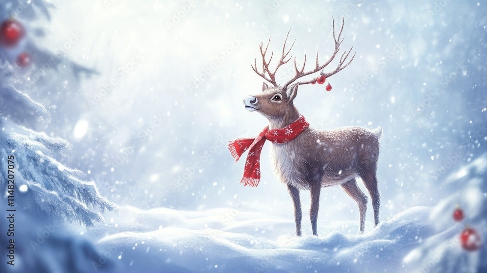 Charming Reindeer in Festive Scarf and Ornament with Snowy Background, Perfect for Holiday and Winter-themed Celebrations and Greetings Charming Reindeer in Festive Scarf and Ornament with Snowy Background, Perfect for Holiday and Winter-themed Celebrations and Greetings