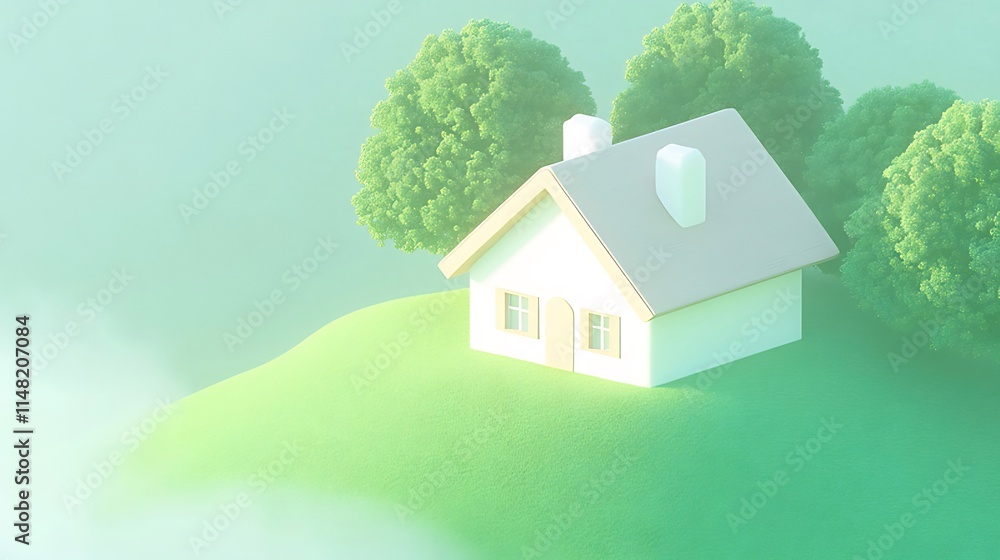 Idyllic house on a green hill, surrounded by trees in a misty landscape. Idyllic house on a green hill, surrounded by trees in a misty landscape.