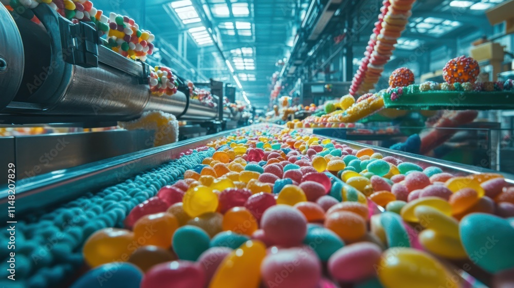 Fototapeta premium Colorful candies moving on a conveyor belt in a large factory.