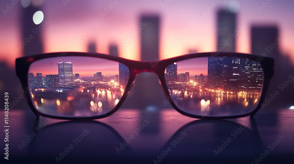City view through glasses. City view through glasses.