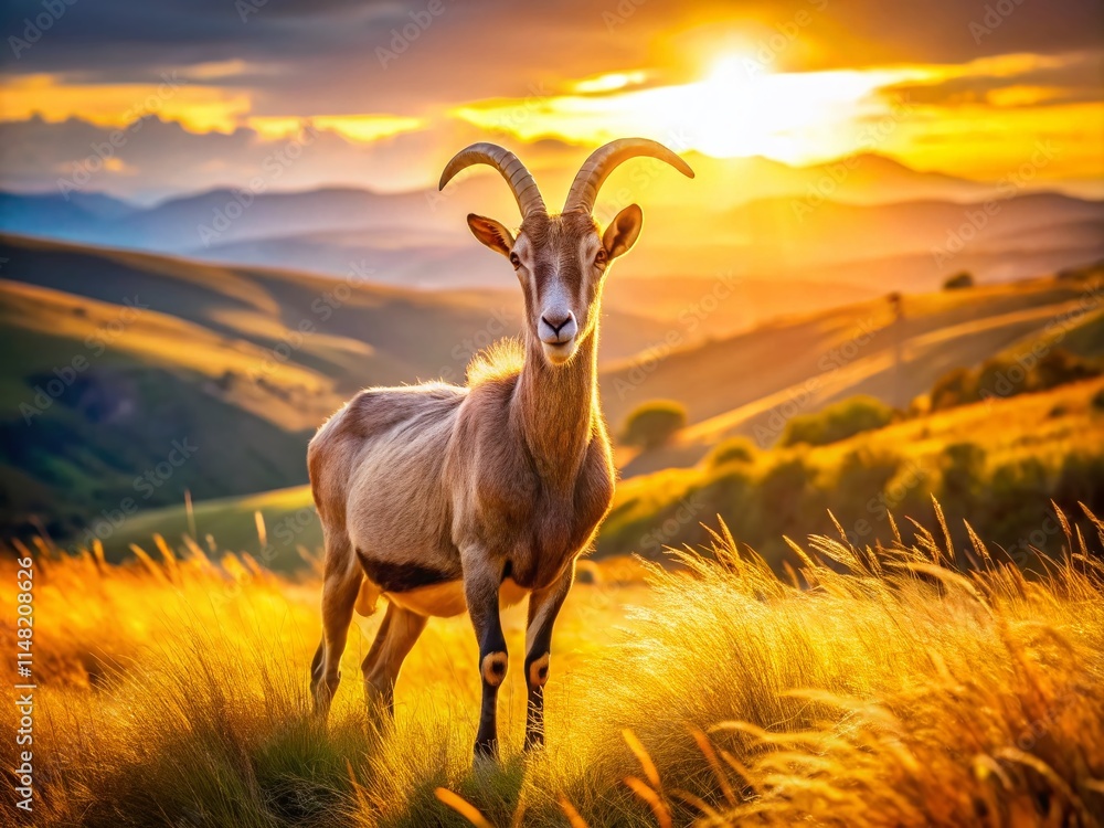 Obraz premium Majestic Goat in Roosevelt-Inspired Field: High-DOF Wildlife Photography