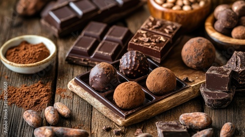 Assorted Chocolate Treats on Rustic Wooden Table with Cocoa Beans and Powder, Perfect for Dessert Lovers and Gourmet Food Enthusiasts