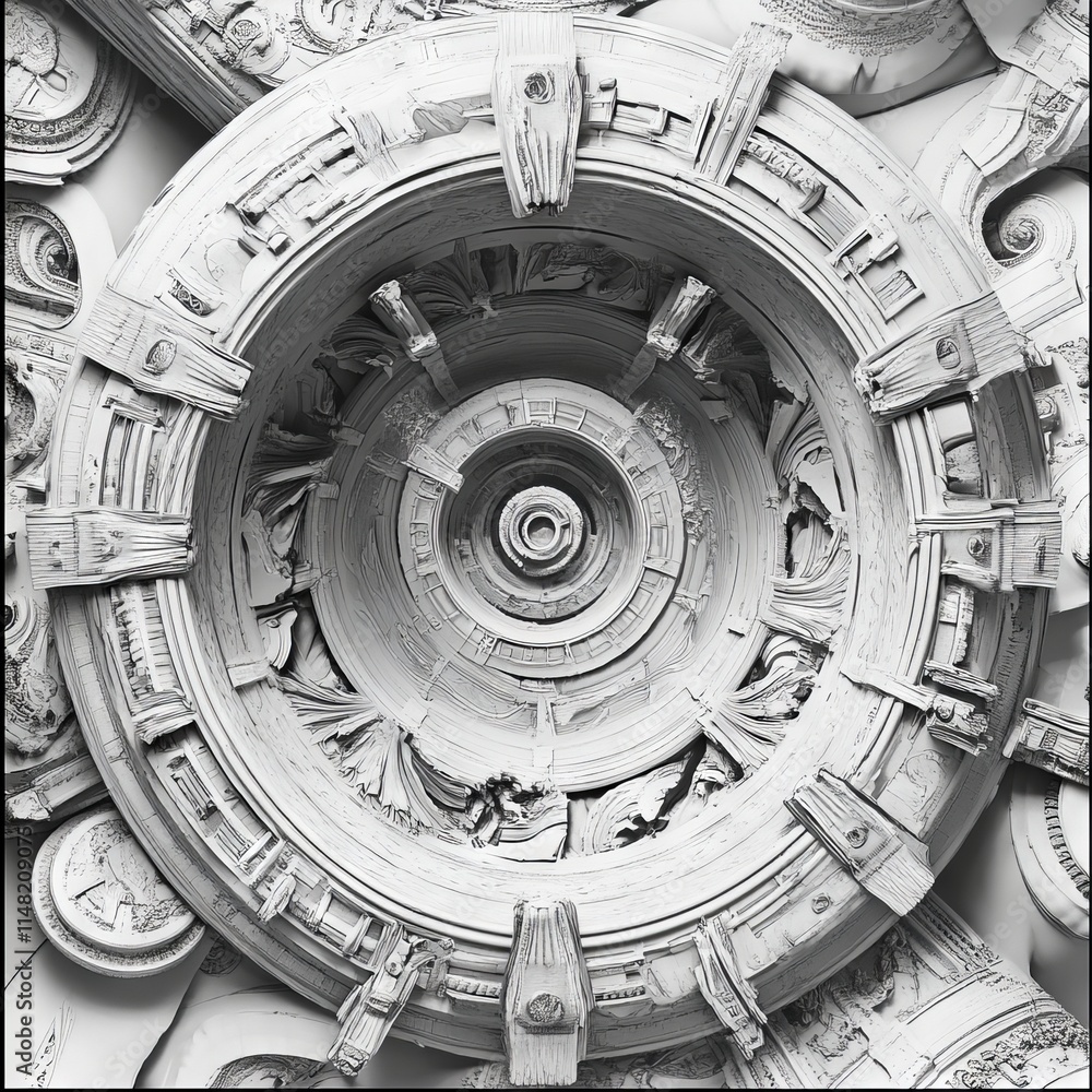 A complex abstract design featuring circular symmetry and intricate textures in monochrome, showcasing geometric artistry. A complex abstract design featuring circular symmetry and intricate textures in monochrome, showcasing geometric artistry.