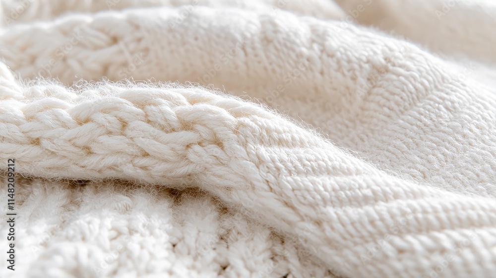 Close-up of creamy white knitted fabric texture with intricate cable knit pattern. Close-up of creamy white knitted fabric texture with intricate cable knit pattern.