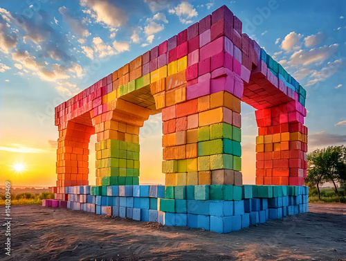 a grand architectural marvel showcasing 1000 vibrant, stacked color bricks, each one unique in its hue. The bricks, arranged in a mesmerizing pattern, create a breathtaking spectacle under the soft 