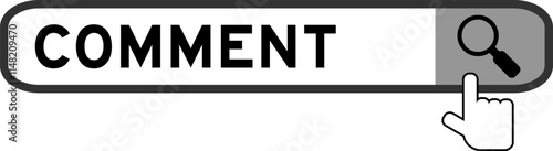Search banner in word comment with hand over magnifier icon on white background