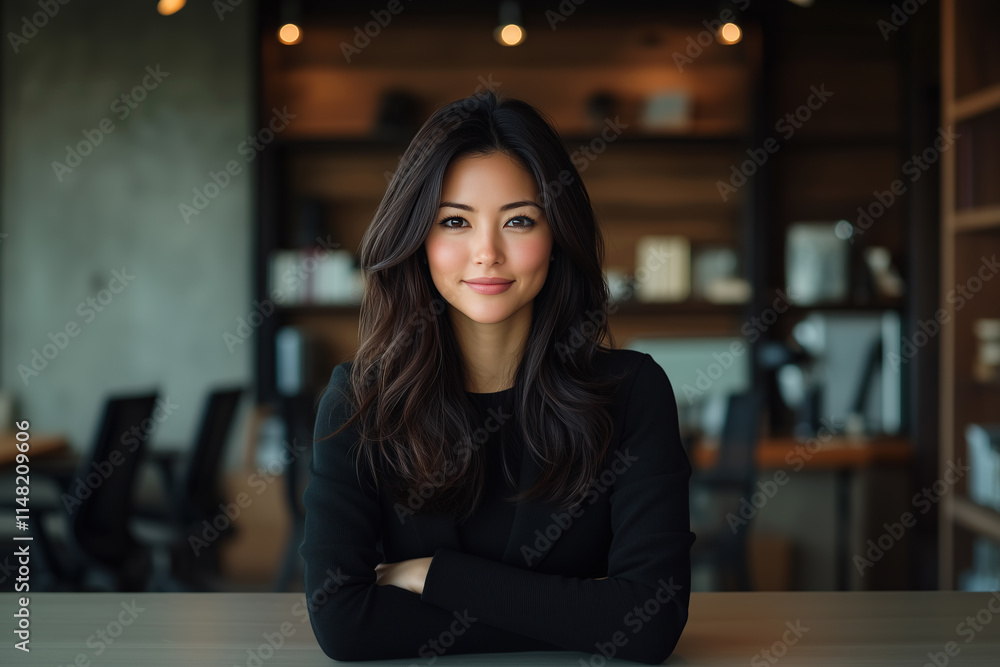Friendly corporate worker. Asian business manager in an office Friendly corporate worker. Asian business manager in an office