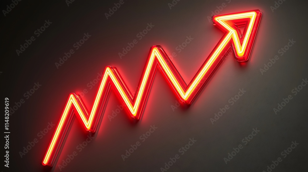 Red neon arrow pointing upward, depicting growth or increase. Red neon arrow pointing upward, depicting growth or increase.