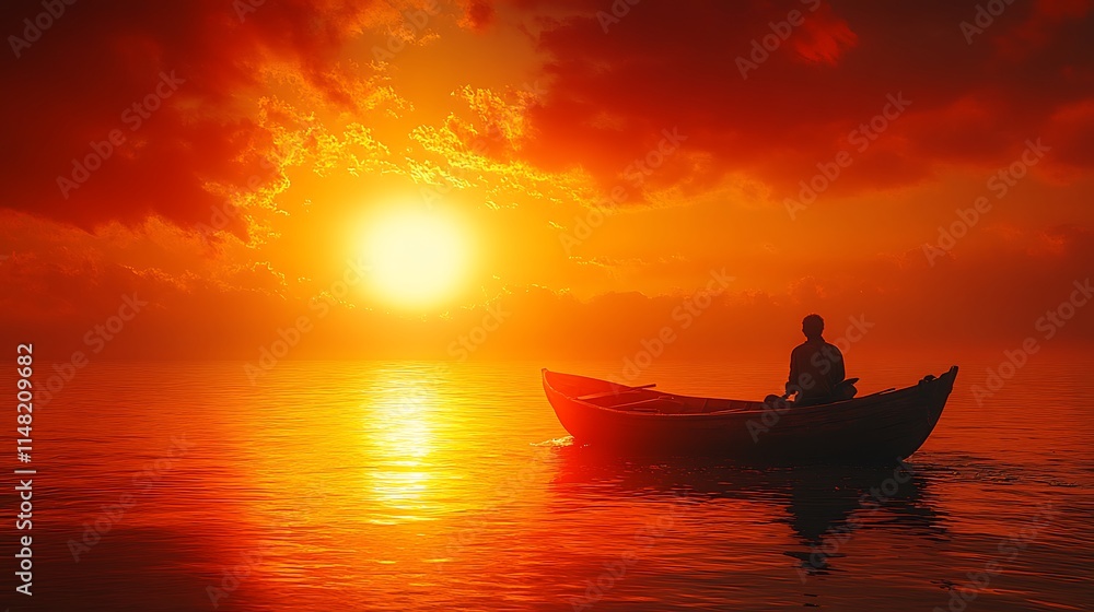 Solitary Man Rowing Boat at Fiery Sunset Solitary Man Rowing Boat at Fiery Sunset