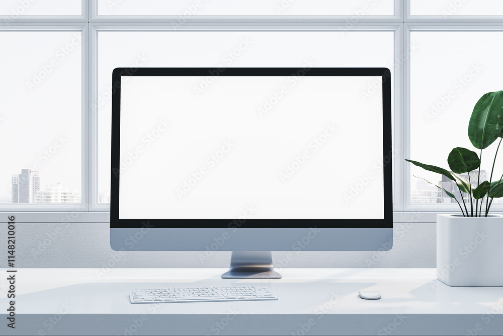 Fototapeta premium Minimalist workstation featuring a blank desktop screen, keyboard, mouse, and plant on a white desk with a city view through windows. 3D Rendering