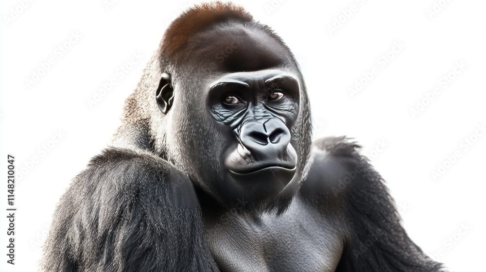 Majestic Portrait of a Gorilla: Captivating Close-Up of an Expressive Gorilla with Intense Eyes and Luxurious Black Fur Against a Bright White Background Majestic Portrait of a Gorilla: Captivating Close-Up of an Expressive Gorilla with Intense Eyes and Luxurious Black Fur Against a Bright White Background