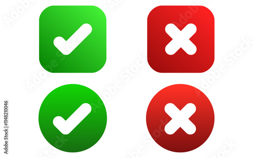 Set of colored true and false icons inside square and round buttons