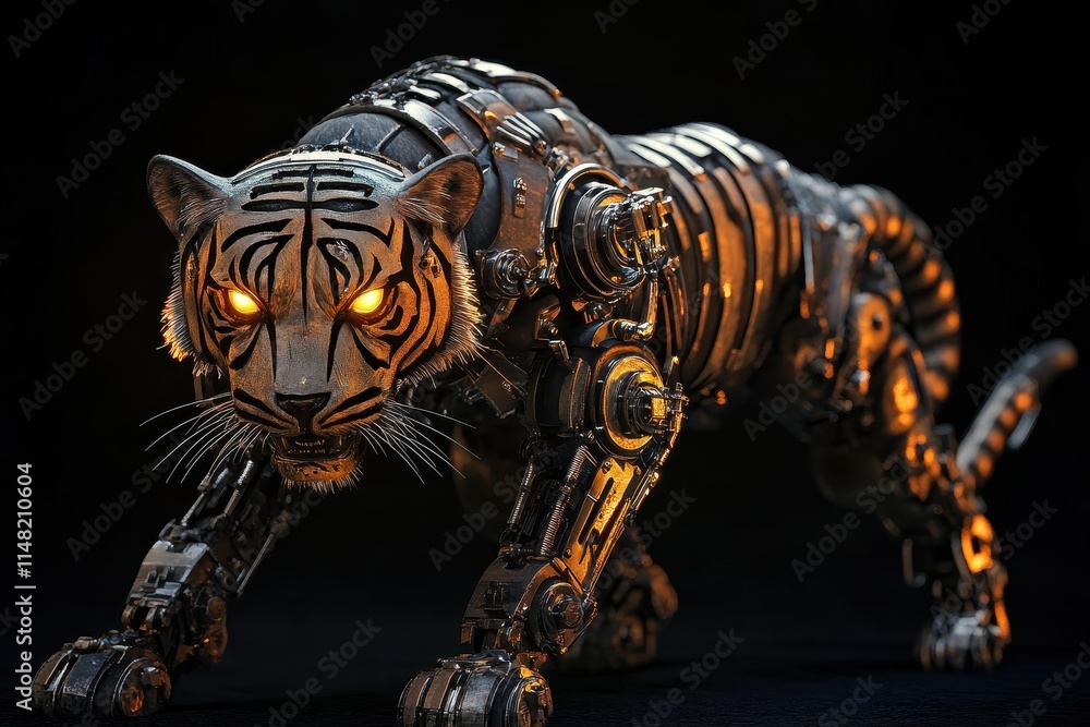 Fototapeta premium Robotic tiger with glowing eyes moves gracefully in a dark environment showcasing advanced technology