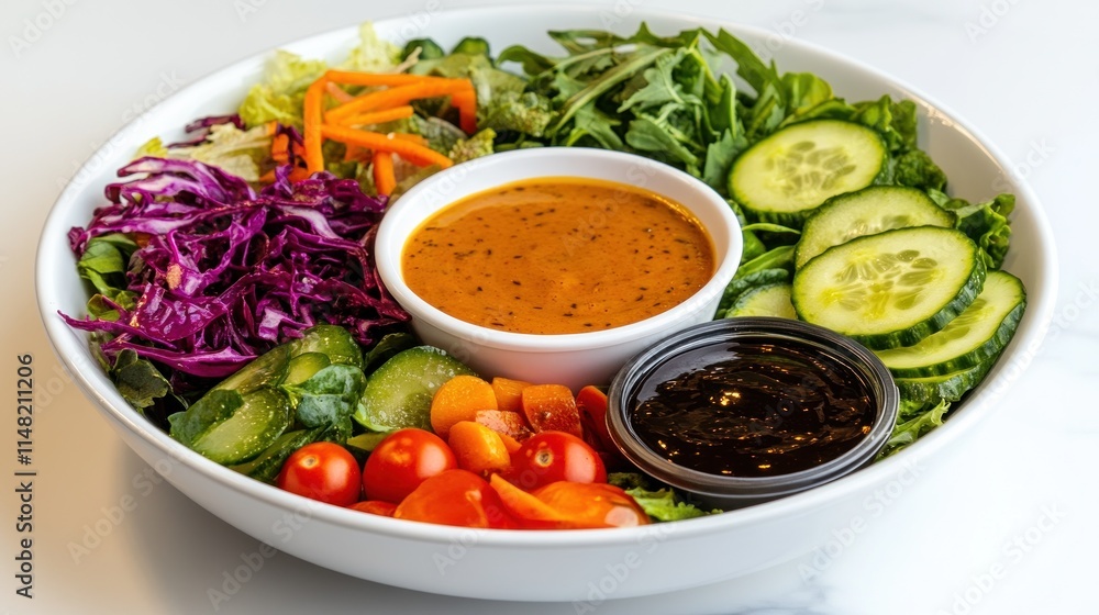 Fresh salad with two dressings in a white bowl. Fresh salad with two dressings in a white bowl.