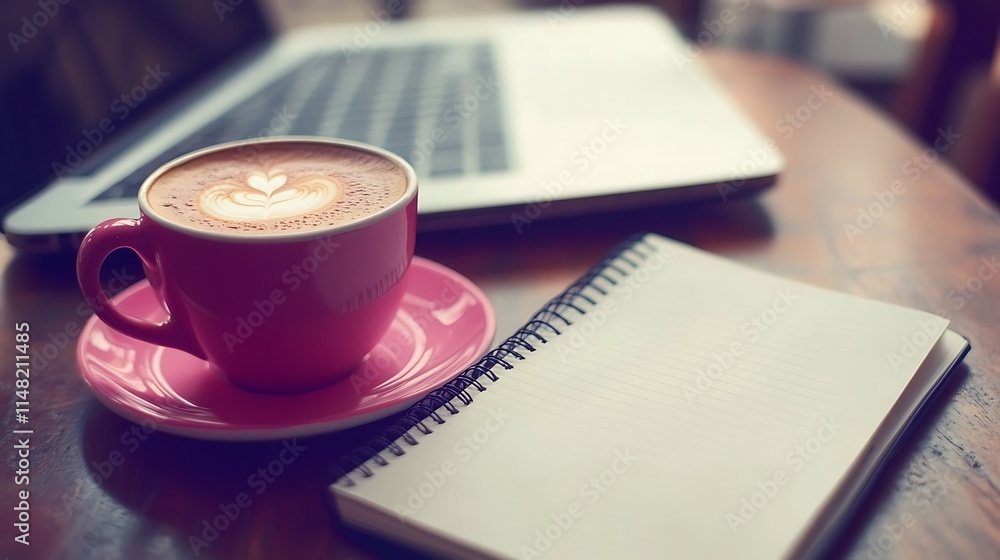 Laptop, coffee, and notebook on wood.