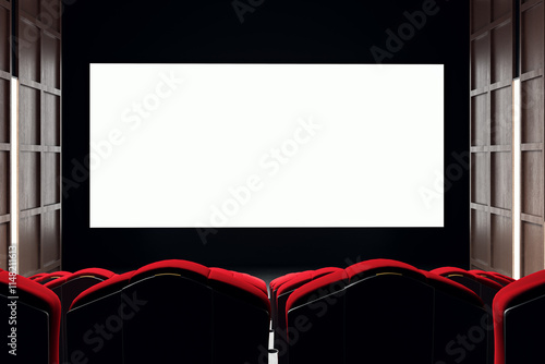 Modern cinema hall interior with blank screen and red seats, dark wooden panel walls, and minimalist design for branding purposes. 3D Rendering photo