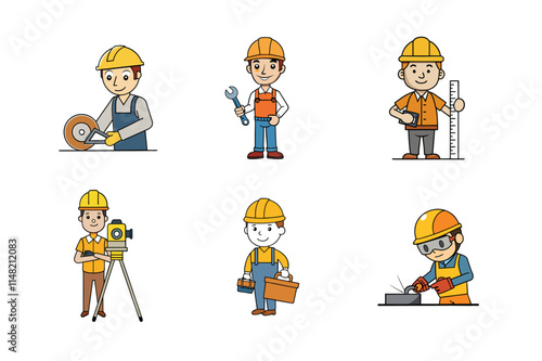 Set of Construction engineer working activities vector illustration