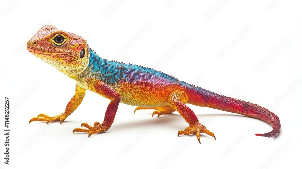 Naklejka premium Vibrant Colorful Lizard on White Background Showcasing Bright Blue, Orange, Red, and Yellow Scales with Intricate Patterns and Details Highlighting Its Unique Appearance