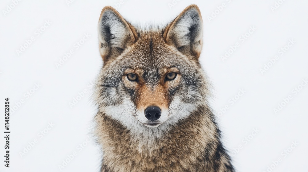 A Close-Up Portrait of a Beautiful Coyote Staring Intently at the Camera with a Snowy White Background, Highlighting Its Stunning Features and Natural Beauty A Close-Up Portrait of a Beautiful Coyote Staring Intently at the Camera with a Snowy White Background, Highlighting Its Stunning Features and Natural Beauty