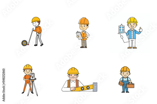 Set of Construction engineer working activities vector illustration