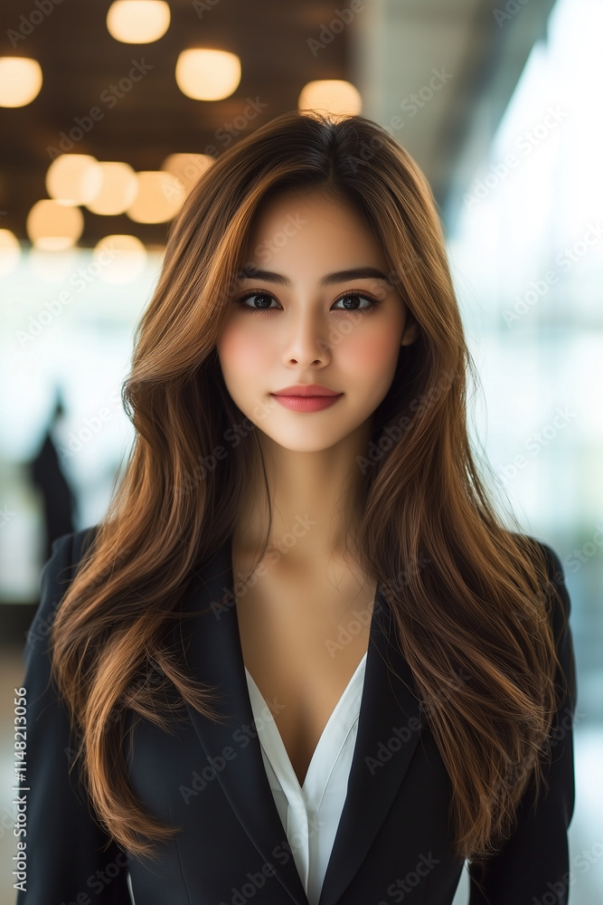 Fototapeta premium Beautiful Asian woman with long hair, wearing professional attire. Inclusion at workplace concept.