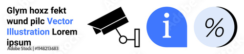 Security camera, info sign, and percentage icon. Ideal for tech, marketing, finance, education, security websites apps Landing page