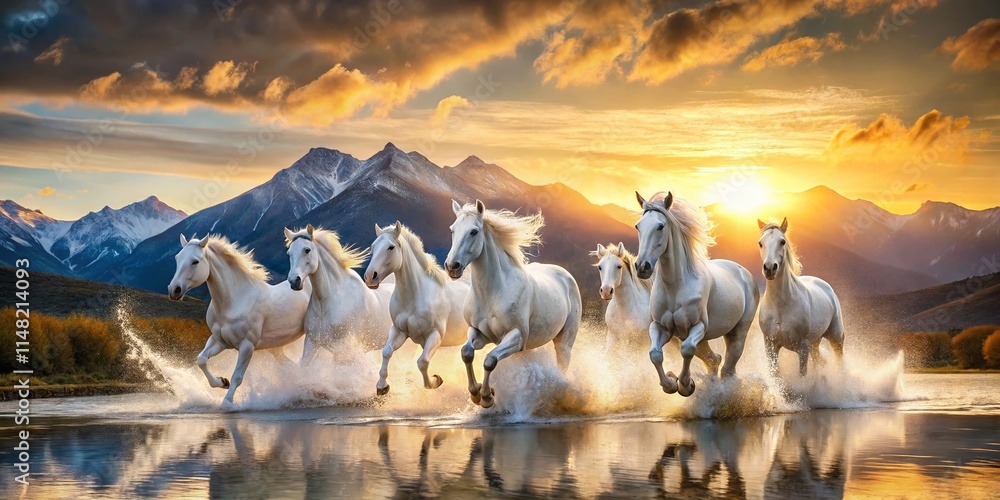 custom made wallpaper toronto digitalMajestic White Horses Running Mountain Morning Double Exposure Wallpaper