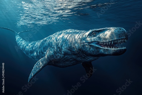 Majestic Mosasaurus swimming underwater, prehistoric marine reptile,  powerful jaws, ancient ocean predator, detailed texture, dark blue water.