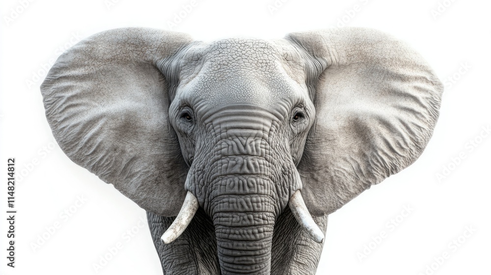 Fototapeta premium Majestic African Elephant Portrait with Detailed Textures, Emphasizing Ears and Tusks Against a Clean White Background for Creative Projects