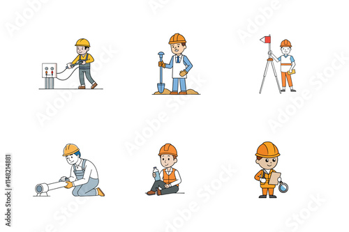 Set of Construction engineer working activities vector illustration