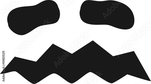 Minimalist black and white vector illustration of a worried face showing concern and fear with zig zag mouth and squinting eyes, ideal for halloween projects