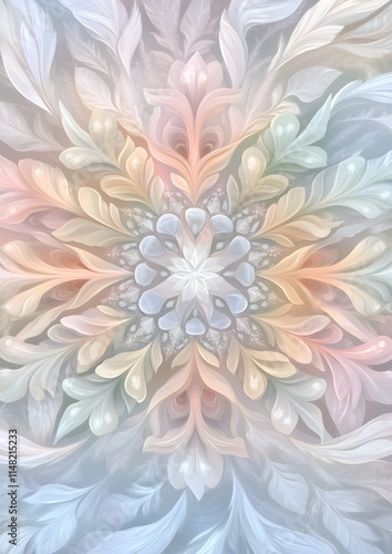Crystalline snowflake mandala in pastel rainbow