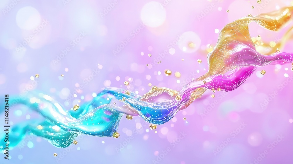 Obraz premium Abstract colorful liquid splash waves flowing across a soft purple pastel bokeh background.