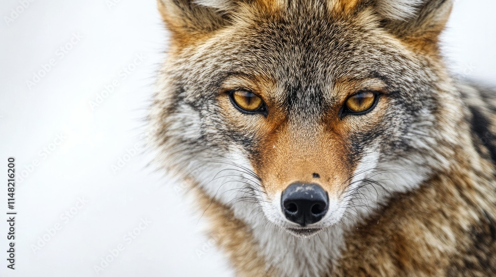 Obraz premium Close-Up Portrait of a Wild Coyote with Intense Gaze Set Against a Blurred Natural Background in a Winter Landscape