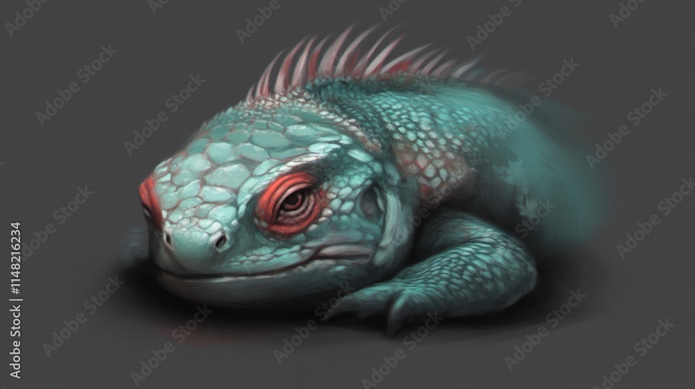 Fototapeta premium Teal Lizard with Red Eyes, Reptilian Portrait