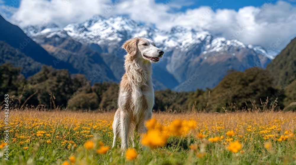 Naklejka premium An Irish wolfhound in a meadow stands gracefully among vibrant flowers, with majestic mountains towering in the background.